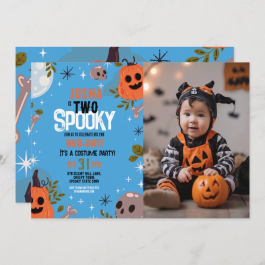 ハロウィーン誕生日2少年パーティーフォトブルー 招待状 (正面/裏面)