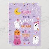 ハロウィーン誕生日3女の子パーティー幽霊紫 招待状 (正面/裏面)