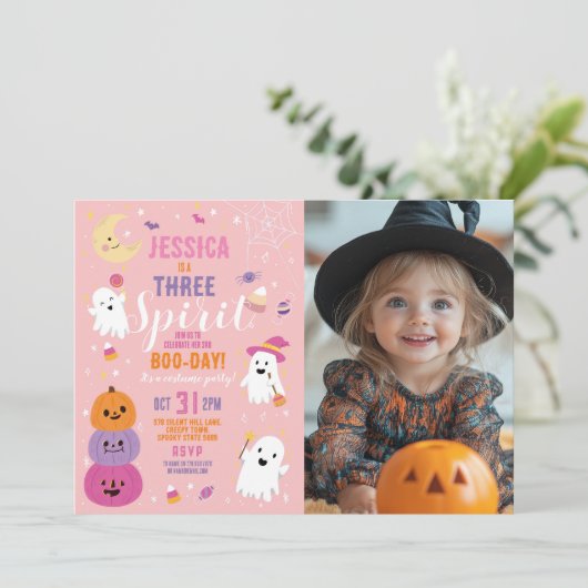 ハロウィーン誕生日3rd女の子パーティー幽霊カボチャ 招待状 (スタンド正面)