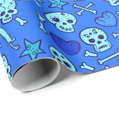 ハロウィーン誕生日 |青いドードルスカルパターン ラッピングペーパー (ロールコーナー)