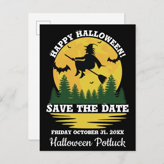 ハロウィーン警告ウィッチブロムスティックを飛んでいる横切る 案内ポストカード (正面/裏面)