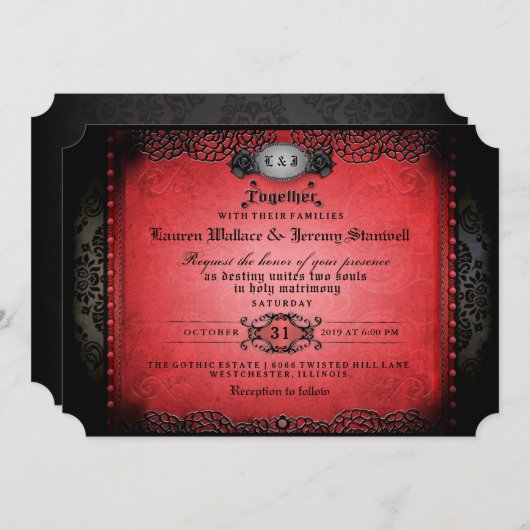 ハロウィーン赤と黒のゴシックと結婚共に 招待状 (正面/裏面)