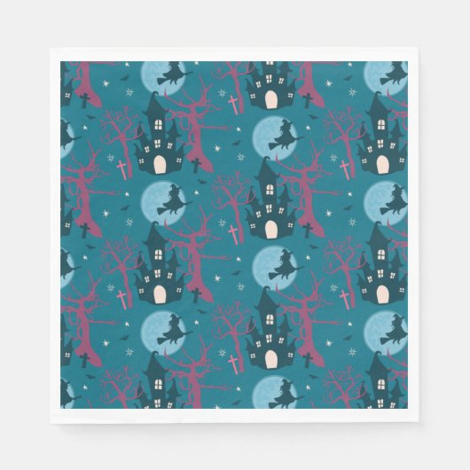 ハロウィーン飛んでいるシーン魔女ラズベリーピンクの木 スタンダードランチョンナプキン (正面)