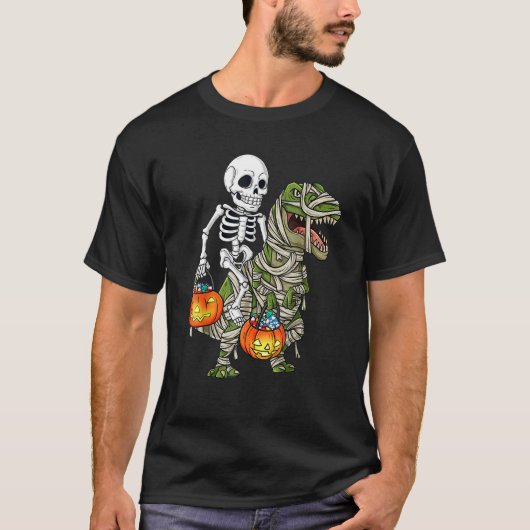 ハロウィーン骨格乗馬ミイラ恐竜Tレックスおもしろい Tシャツ (正面)