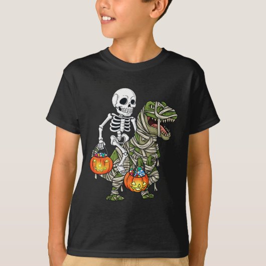 ハロウィーン骨格乗馬ミイラ恐竜Tレックスおもしろい Tシャツ (正面)