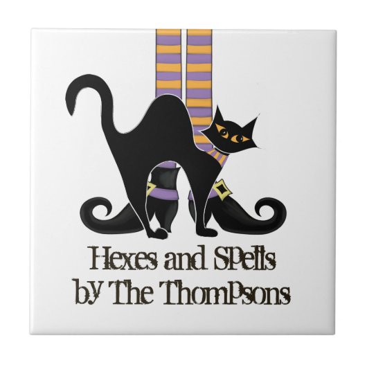 ハロウィーン魔女かわいい黒猫お洒落 タイル (正面)