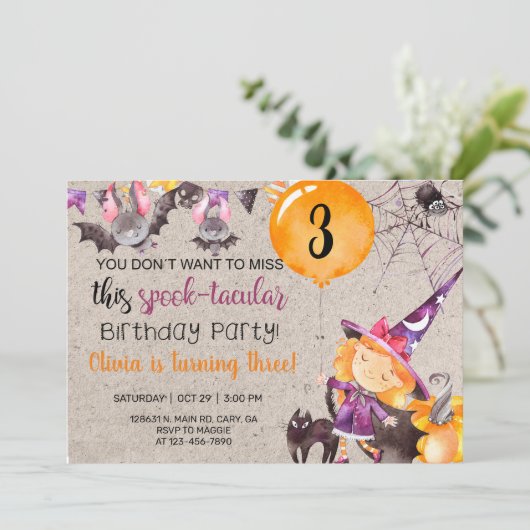 ハロウィーン魔女の女の子の誕生日の招待、招待状。 招待状 (スタンド正面)