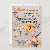 ハロウィーン魔女の女の子の誕生日招待状、任意の年齢。 inv 招待状 (正面)