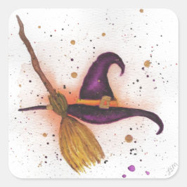 ハロウィーン魔女の帽子と箒 スクエアシール
