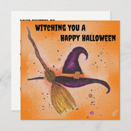 ハロウィーン魔女の帽子と箒 招待状 (正面/裏面)