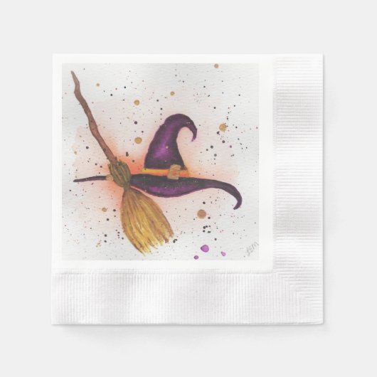 ハロウィーン魔女の帽子と箒 縁ありカクテルナプキン (正面)