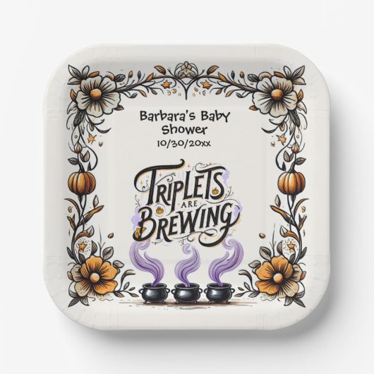 ハロウィーン魔女の赤ちゃんシャワー – 三つ子が醸造 ペーパープレート (正面)