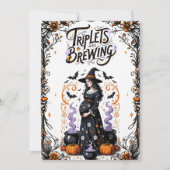 ハロウィーン魔女の赤ちゃんシャワー – 三つ子が醸造 招待状 (正面)