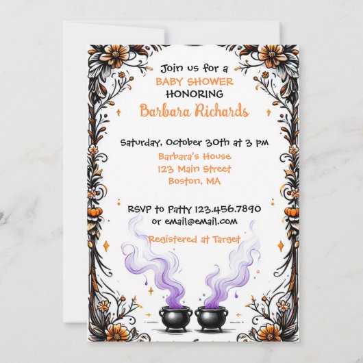 ハロウィーン魔女の赤ちゃんシャワー – 双子が醸造I 招待状 (裏面)