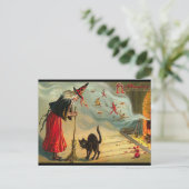 ハロウィーン魔女はがき,黒猫,ほうき,魔法 ポストカード (スタンド正面)