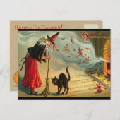 ハロウィーン魔女はがき,黒猫,ほうき,魔法 ポストカード (正面/裏面)