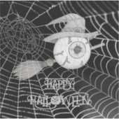 ハロウィーン魔女ほうき、怖い眼球、クモの巣 シール (正面)