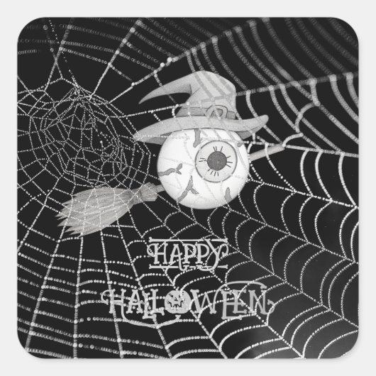 ハロウィーン魔女ほうき、怖い眼球、クモの巣 スクエアシール (正面)