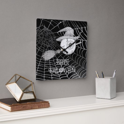 ハロウィーン魔女ほうき、怖い眼球、クモの巣 スクエア壁時計 (オフィス)