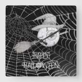 ハロウィーン魔女ほうき、怖い眼球、クモの巣 スクエア壁時計 (正面)
