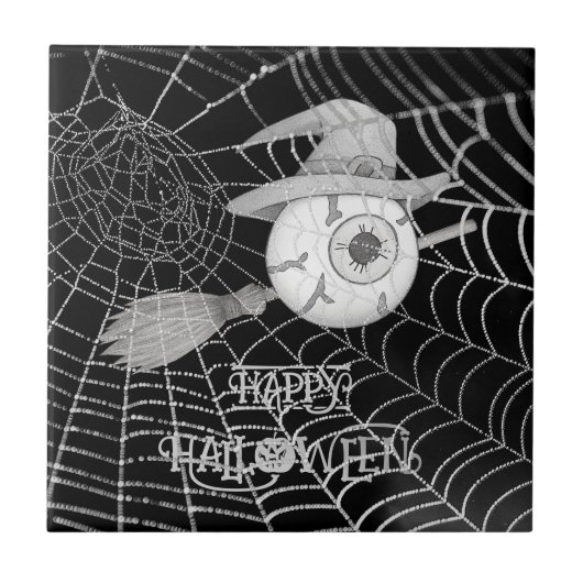 ハロウィーン魔女ほうき、怖い眼球、クモの巣 タイル (正面)