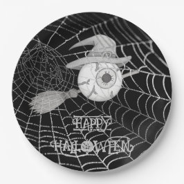 ハロウィーン魔女ほうき、怖い眼球、クモの巣 ペーパープレート