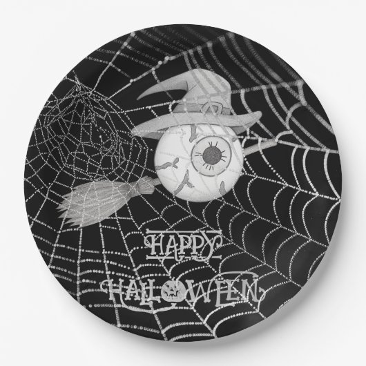 ハロウィーン魔女ほうき、怖い眼球、クモの巣 ペーパープレート (正面)