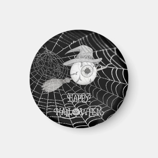 ハロウィーン魔女ほうき、怖い眼球、クモの巣 マグネット (正面)