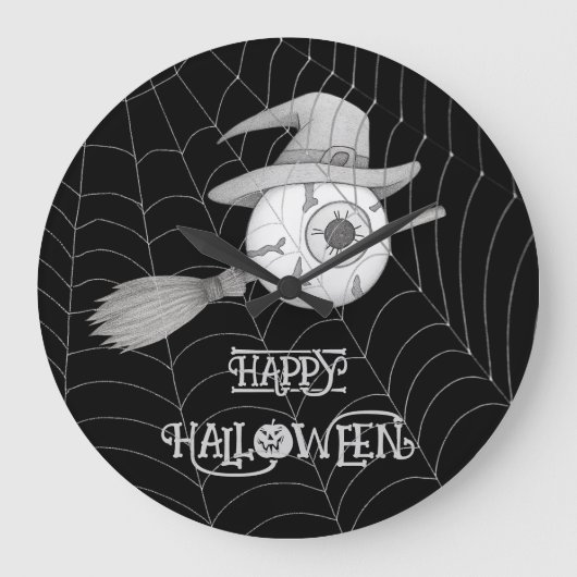 ハロウィーン魔女ほうき、怖い眼球、クモの巣 ラージ壁時計 (正面)