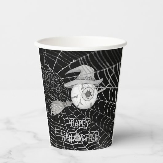 ハロウィーン魔女ほうき、怖い眼球、クモの巣 紙コップ (正面)