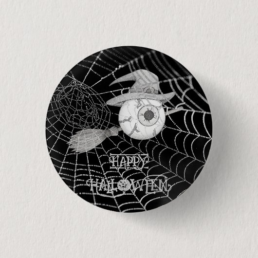 ハロウィーン魔女ほうき、怖い眼球、クモの巣 缶バッジ (正面)
