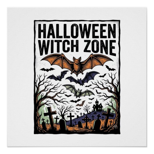 ハロウィーン魔女ゾーン ビンテージ墓地コウモリデザイン ポスター (正面)