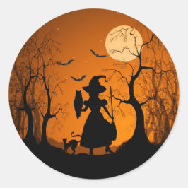 ハロウィーン魔女ネコこうもりと月 ラウンドシール