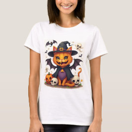 ハロウィーン魔女ネコ女性基本Tシャツ Tシャツ