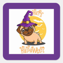 ハロウィーン魔女パグスクエアステッカー
