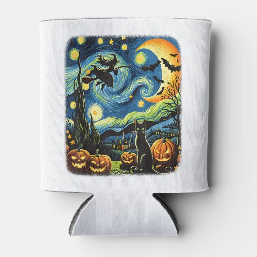 ハロウィーン魔女ファンゴッホ星空の夜ブラックキャットプ 缶クーラー (正面)