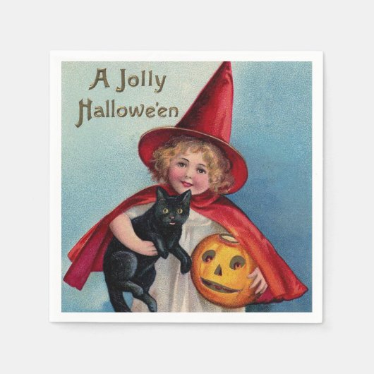 ハロウィーン魔女ブラックキャットキッドヴィンテージ スタンダードカクテルナプキン (正面)