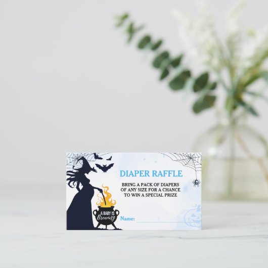 ハロウィーン魔女ベビーシャワーおむつラッフルブルー エンクロージャーカード (スタンド正面)