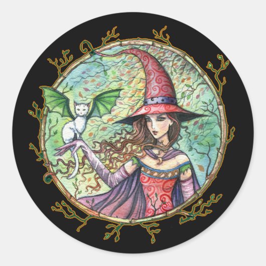 ハロウィーン魔女ホワイトキャットシール ラウンドシール (正面)