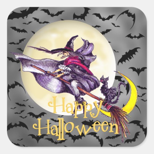 ハロウィーン魔女マンガホリデーステッカー スクエアシール (正面)