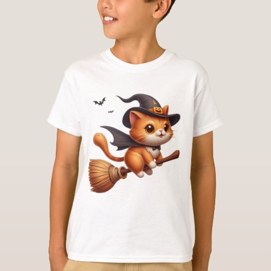 ハロウィーン魔女猫が箒に乗ってこうもり Tシャツ (正面)