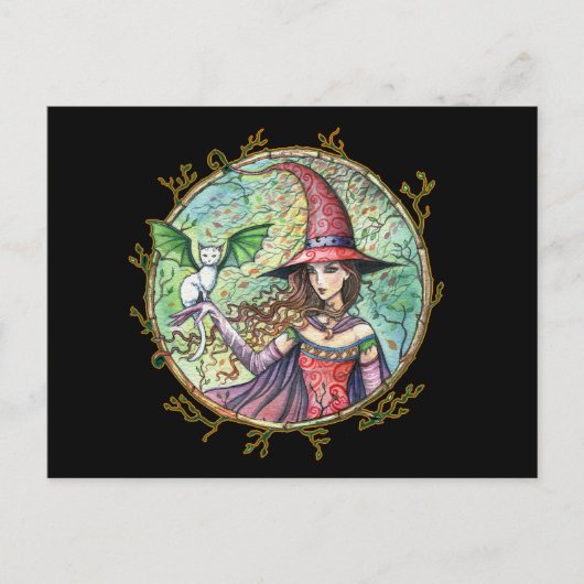ハロウィーン魔女白猫はがき ポストカード (正面)