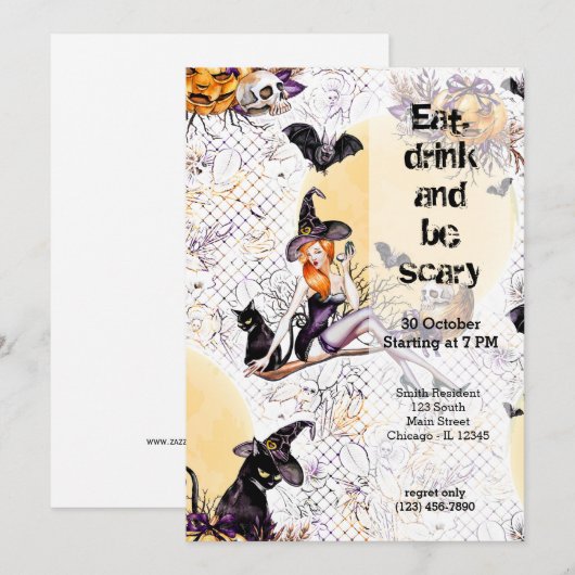 ハロウィーン魔女 招待状 (正面/裏面)