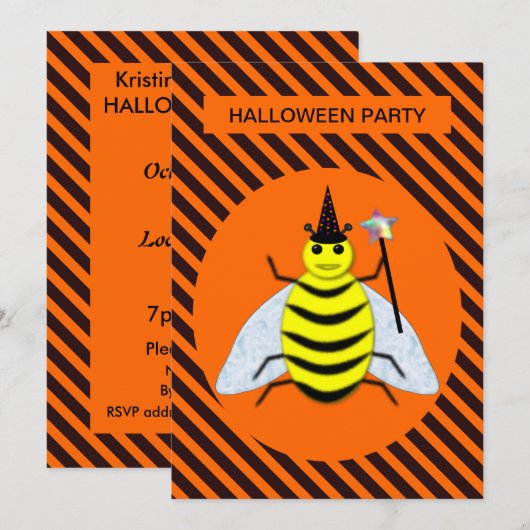 ハロウィーン魔法ビーウィッチオレンジとブラックストライプ 招待状 (正面/裏面)