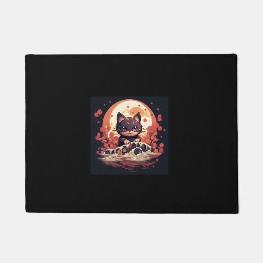 ハロウィーン魔法_黒猫，カボチャ，波 ドアマット (正面)