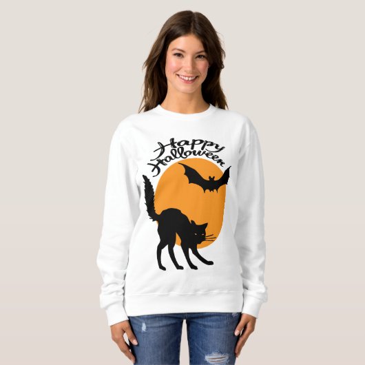 ハロウィーン黒猫とこうもりと月、ハロウィーン スウェットシャツ (正面フル)