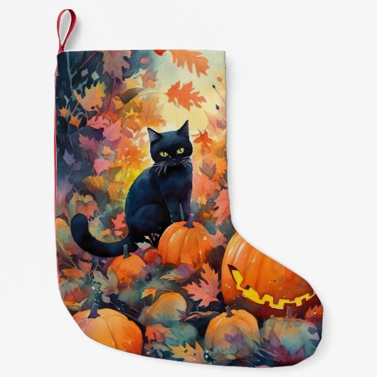 ハロウィーン黒猫カボチャ怖い スモールクリスマスストッキング (正面)