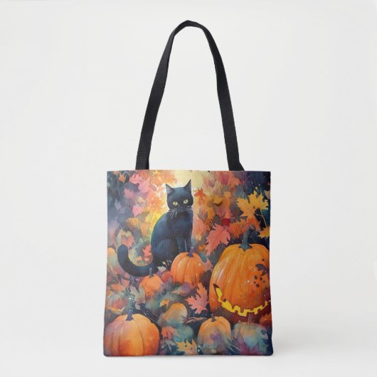 ハロウィーン黒猫カボチャ怖い トートバッグ (正面)