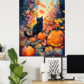 ハロウィーン黒猫カボチャ怖い ポスター (ホームオフィス)