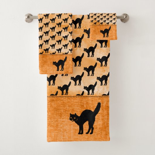 ハロウィーン黒猫シルエットパターンオレンジBG バスタオルセット (インサイチュ)